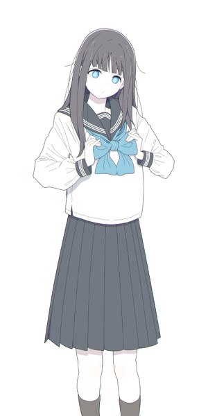 Anime picture 600x1200 with original natuich single long hair tall image looking at viewer short hair blue eyes black hair simple background standing white background pleated skirt white skin adjusting clothes girl skirt uniform bow serafuku