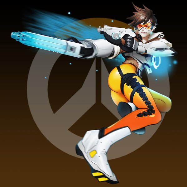 Anime picture 1000x1000 with overwatch blizzard entertainment tracer (overwatch) jacsplus 38 single short hair light erotic brown hair looking away full body ass gradient background piercing glowing ear piercing fighting stance brown background girl weapon boots
