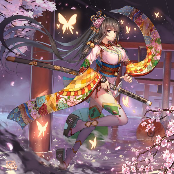 Anime picture 1300x1300 with luoxuan jingjie xian musynexsk single long hair fringe breasts black hair hair between eyes standing holding signed looking away cleavage full body bent knee (knees) outdoors ponytail traditional clothes parted lips japanese clothes