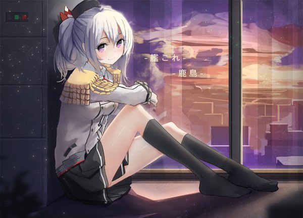 Anime picture 1044x750 with kantai collection kashima training cruiser anone single long hair looking at viewer fringe breasts hair between eyes sitting purple eyes twintails sky silver hair cloud (clouds) no shoes copyright name character names evening sunset
