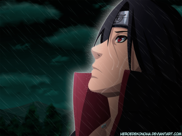 Anime picture 1500x1125 with naruto studio pierrot naruto (series) uchiha itachi heroedekonoha single short hair black hair red eyes cloud (clouds) profile wet night sky coloring close-up rain mountain akatsuki sharingan boy