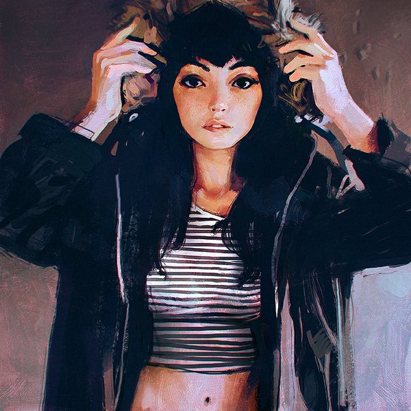 Anime picture 900x900 with original ilya kuvshinov single long hair looking at viewer fringe black hair holding parted lips lips black eyes open clothes open jacket bare belly undressing striped sketch hands on head adjusting hood girl