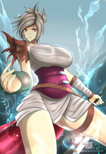 Anime picture 745x1073 with league of legends riven (league of legends) torahime (roland00) single tall image short hair breasts light erotic light smile grey hair huge breasts girl belt clothes