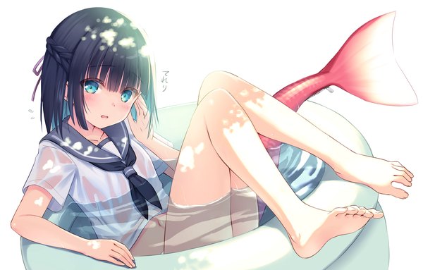 Anime picture 2005x1280 with original na-ga single looking at viewer highres short hair blue eyes light erotic black hair white background tail parted lips multicolored hair barefoot bare legs partially submerged soles wet clothes colored inner hair half updo