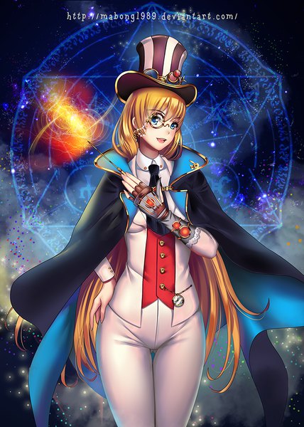 Anime picture 714x1000 with original riiya (mabong1989) single long hair tall image looking at viewer blush fringe open mouth blue eyes blonde hair smile hair between eyes standing signed teeth hand on hip thigh gap magic wizard