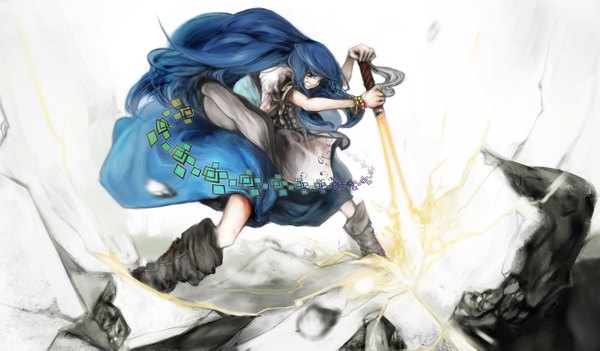Anime picture 1307x765 with touhou hinanawi tenshi ame tani (artist) single long hair red eyes wide image blue hair destruction no hat girl dress sword bracelet