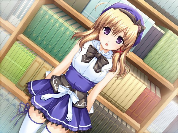 Anime picture 1024x768 with konboku mahjong komatsu asuka blonde hair purple eyes game cg girl