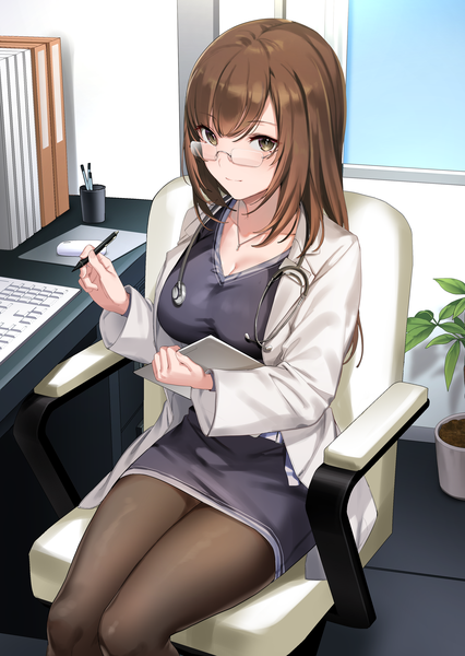 Anime picture 2640x3720 with original ikomochi single long hair tall image looking at viewer fringe highres breasts hair between eyes brown hair sitting holding brown eyes payot cleavage indoors long sleeves open clothes doctor
