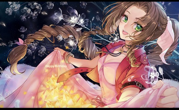 Anime picture 1500x919 with final fantasy final fantasy vii final fantasy vii remake square enix aerith gainsborough cat princess single long hair looking at viewer open mouth brown hair wide image green eyes cleavage ponytail :d drill hair letterboxed happy birthday girl