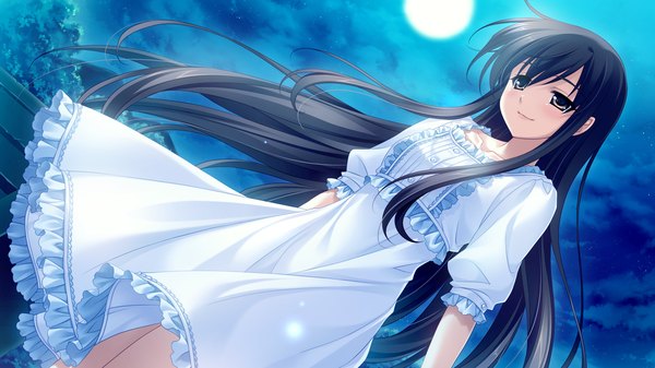 Аниме картинка 2048x1152 с midori no umi michiru (midori no umi) yukie (peach candy) длинные волосы высокое разрешение чёрные волосы широкое изображение карие глаза game cg ночь девушка платье луна