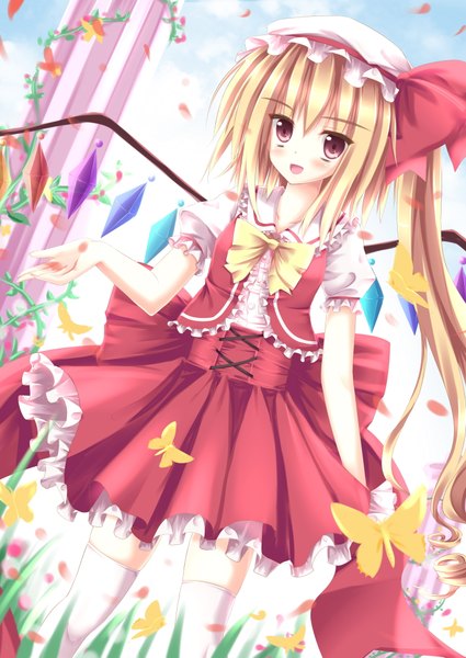 Anime picture 2952x4169 with touhou flandre scarlet angel koman single long hair tall image looking at viewer blush highres open mouth blonde hair red eyes one side up girl thighhighs dress skirt flower (flowers) petals white thighhighs