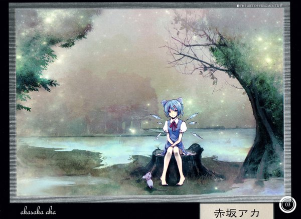 Anime picture 5864x4274 with touhou cirno akasaka aka single looking at viewer highres short hair blue eyes sitting signed blue hair absurdres barefoot puffy sleeves landscape nature fog lake girl dress