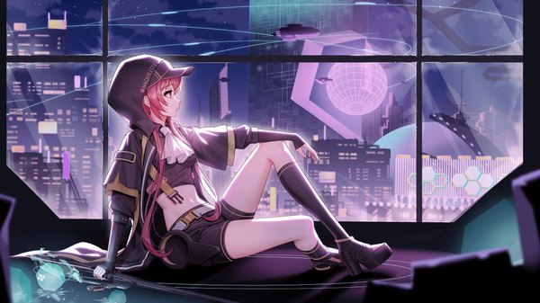 Anime picture 2304x1296 with horcrux college majiang single long hair fringe highres breasts hair between eyes wide image sitting holding payot looking away pink hair sky cloud (clouds) full body bent knee (knees) indoors long sleeves