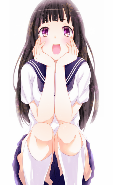 Anime picture 1062x1728 with hyouka kyoto animation chitanda eru tagme (artist) single long hair tall image blush fringe breasts open mouth white background purple eyes purple hair :d pleated skirt head rest girl skirt uniform