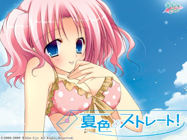 Anime picture 1600x1200 with natsuiro straight blue eyes light erotic pink hair swimsuit bikini polka dot bikini minagi tsumuji