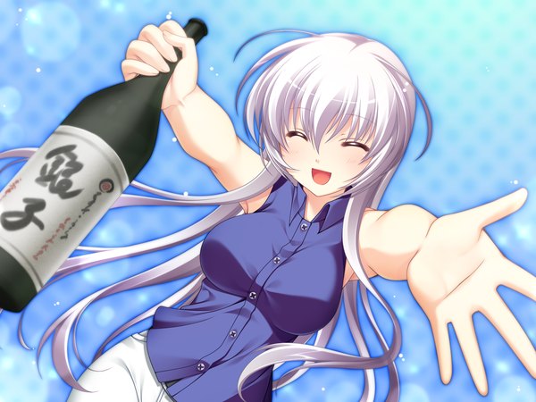 Anime picture 1600x1200 with tasogare no saki ni noboru ashita odawara hakone long hair open mouth game cg white hair eyes closed girl shirt bottle