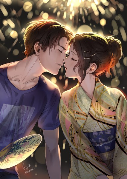 Anime picture 900x1271 with original midori foo tall image blush short hair brown hair signed eyes closed traditional clothes parted lips japanese clothes couple fireworks almost kiss girl boy kimono obi t-shirt fan