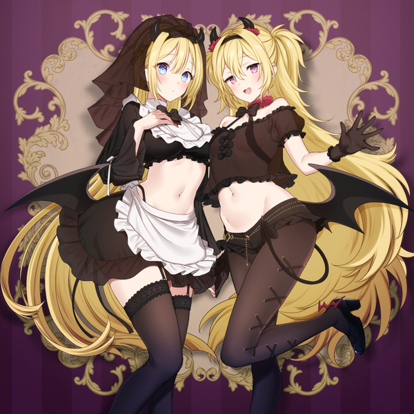 Anime picture 1403x1403 with original umeyuki looking at viewer fringe breasts open mouth blue eyes light erotic blonde hair smile hair between eyes standing multiple girls tail very long hair pink eyes horn (horns) no bra standing on one leg halloween