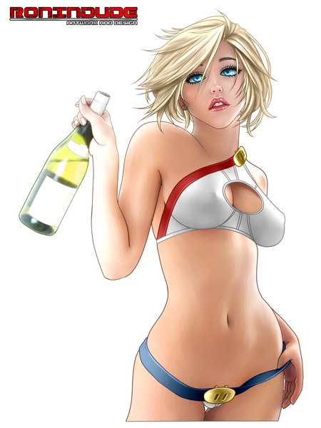 Anime picture 2250x3000 with dc comics power girl ronin dude (ray cornwell) single tall image highres short hair blue eyes light erotic simple background blonde hair white background erect nipples covered nipples girl navel suit bottle