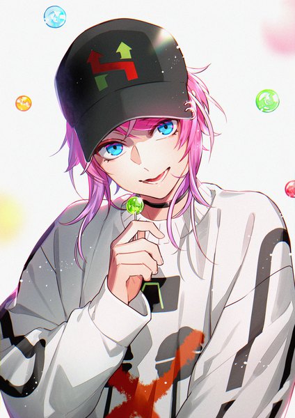 Anime picture 1446x2046 with hypnosis mic amemura ramuda tayuya1130 single long hair tall image looking at viewer fringe open mouth blue eyes simple background hair between eyes white background holding payot pink hair upper body head tilt boy choker