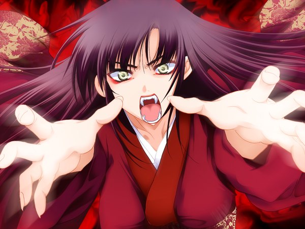 Anime picture 1024x768 with insai no shima tagme (character) single long hair open mouth black hair game cg japanese clothes grey eyes vampire girl kimono