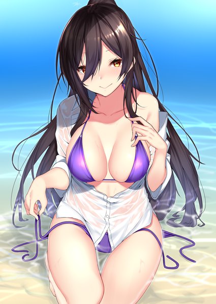 Anime-Bild 1254x1770 mit idolmaster idolmaster shiny colors shirase sakuya nebusoku single long hair tall image looking at viewer blush fringe breasts light erotic black hair smile large breasts sitting yellow eyes payot sky cleavage