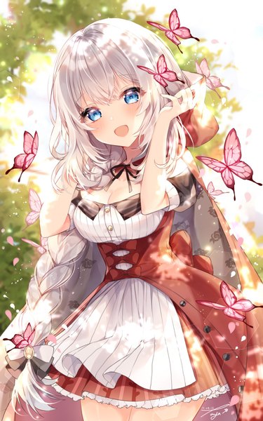 Anime picture 1181x1889 with fate (series) fate/grand order little red riding hood marie antoinette (fate/grand order) little red riding hood (character) taya oco single long hair tall image looking at viewer blush fringe breasts open mouth blue eyes smile hair between eyes standing signed payot