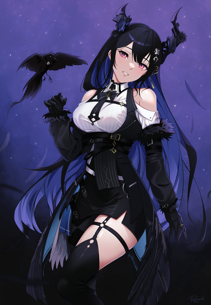 Anime picture 1280x1850 with virtual youtuber hololive hololive english nerissa ravencroft nerissa ravencroft (1st costume) shadow (nerissa ravencroft) ranveld single long hair tall image looking at viewer fringe breasts light erotic black hair smile hair between eyes standing bare shoulders signed