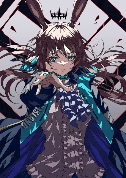 Anime picture 2894x4093 with arknights amiya (arknights) shokikanes single long hair tall image looking at viewer highres brown hair animal ears upper body aqua eyes bunny ears floating hair outstretched hand girl crown neckerchief infection monitor (arknights)