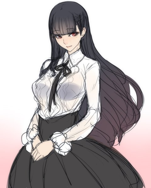Anime picture 1024x1280 with original ban! (bansankan) single long hair tall image looking at viewer fringe black hair red eyes standing blunt bangs wind grey background mole midriff mole under eye gradient background hands clasped girl skirt