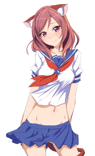 イラスト 750x1227 と ラブライブ! サンライズ love live! 西木野真姫 くれ（∩ˇ８ˇ ∩）りて ソロ 長身像 赤面 短い髪 おっぱい light erotic 茶色の髪 立つ 白背景 紫目 獣耳 looking away 尻尾 head tilt animal tail