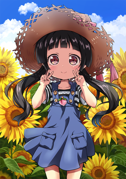 Anime picture 707x1000 with original itakurakou1993 single long hair tall image looking at viewer blush fringe black hair smile standing twintails brown eyes payot sky cloud (clouds) outdoors blunt bangs wind low twintails