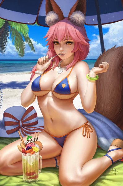 Anime picture 1857x2800 with fate (series) fate/grand order tamamo (fate) (all) tamamo no mae (swimsuit lancer) (fate) sciamano240 single long hair tall image looking at viewer blush fringe highres breasts light erotic hair between eyes sitting bare shoulders holding signed animal ears