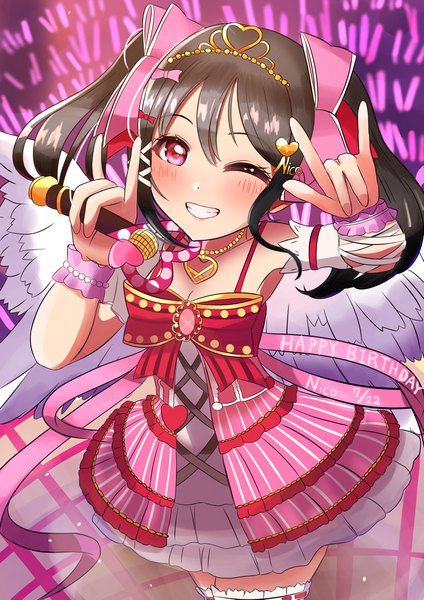 Anime picture 2894x4093 with love live! school idol project sunrise (studio) love live! yazawa nico wasawasabidayo single long hair tall image looking at viewer blush fringe highres black hair smile hair between eyes red eyes standing twintails one eye closed fingernails