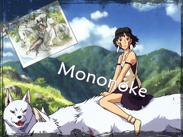 Anime picture 1024x768 with mononoke hime studio ghibli san moro no ichizoku short hair jpeg artifacts animal wolf