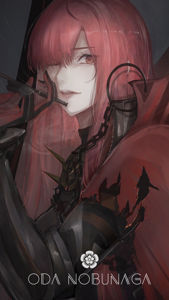 Anime picture 1242x2208 with fate (series) fate/grand order koha-ace oda nobunaga (fate) (all) oda nobunaga (maou avenger) (fate) marumoru single long hair tall image looking at viewer fringe open mouth red eyes holding upper body red hair hair over one eye character names smoke smoking