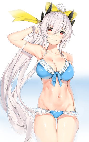 Anime picture 1200x1900 with fate (series) fate/grand order kiyohime (fate) kiyohime (swimsuit lancer) (fate) silver (chenwen) single long hair tall image looking at viewer blush fringe breasts light erotic smile hair between eyes red eyes large breasts standing cleavage silver hair