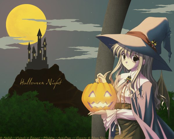 Anime picture 1280x1024 with rainbow colored icecream nanairo aisu nanao naru single long hair looking at viewer fringe blonde hair holding brown eyes sky cloud (clouds) inscription wavy hair halloween demon wings glow girl hat wings