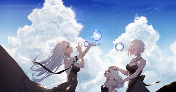 Anime picture 2010x1050 with original kisui long hair blush fringe highres short hair breasts open mouth red eyes wide image bare shoulders multiple girls holding payot sky cloud (clouds) white hair profile wind