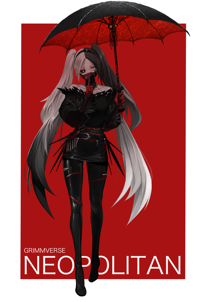 Anime picture 3497x5101 with rwby rooster teeth neopolitan (rwby) grimm dishwasher1910 single tall image looking at viewer fringe highres black hair simple background red eyes standing twintails bare shoulders holding absurdres full body white hair