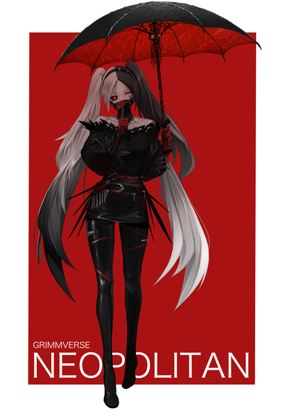 イラスト 3497x5101 と rwby rooster teeth neopolitan (rwby) grimm dishwasher1910 ソロ 長身像 カメラ目線 前髪 highres 黒髪 simple background 赤い目 立つ ツインテール 肩出し holding absurdres 全身 white hair