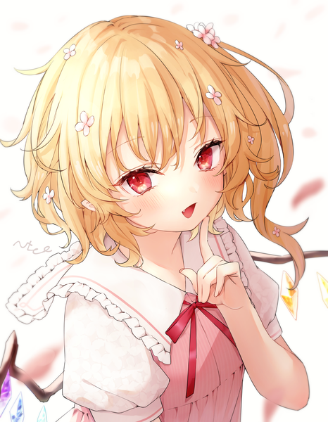Anime-Bild 1350x1740 mit touhou flandre scarlet honotai single tall image looking at viewer blush short hair open mouth blonde hair red eyes upper body :d hair flower one side up no hat girl flower (flowers) wings