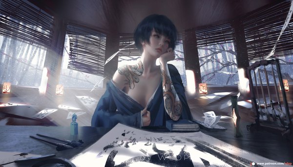 Anime picture 1892x1081 with ghost blade jade (ghost blade) wlop single fringe highres short hair breasts light erotic black hair wide image bare shoulders signed looking away cleavage upper body indoors blunt bangs traditional clothes japanese clothes