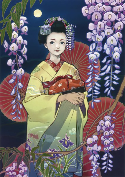 Anime picture 2120x3000 with original eshi 100-nin ten hamashima shigeo single tall image looking at viewer highres short hair black hair standing traditional clothes japanese clothes scan grey eyes floral print makeup girl hair ornament flower (flowers) kimono