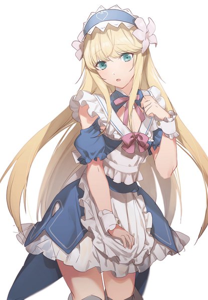 Anime picture 1000x1445 with fate (series) fate/grand order chevalier d'eon (fate/grand order) no-kan single long hair tall image blush fringe simple background blonde hair standing white background payot blunt bangs aqua eyes :o maid alternate age androgynous