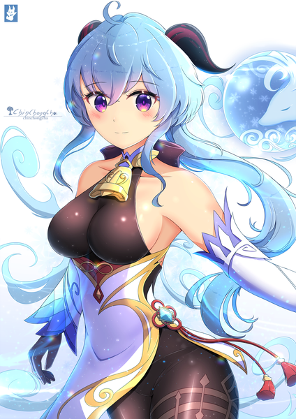 Anime picture 1500x2121 with genshin impact ganyu (genshin impact) chinchongcha single long hair tall image looking at viewer blush fringe breasts light erotic simple background hair between eyes large breasts standing purple eyes bare shoulders signed payot blue hair