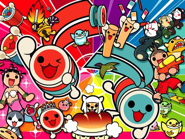 Anime picture 1024x768 with taiko no tatsujin looking at viewer short hair open mouth black hair :d cropped solid eyes girl boy bow hair bow animal food bracelet bird (birds) bell cat mask crown