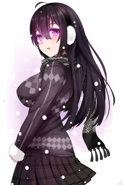 Anime picture 624x935 with original miyaura sanshio beifeng han single long hair tall image blush black hair hair between eyes purple eyes looking back snowing girl skirt scarf sweater earmuffs