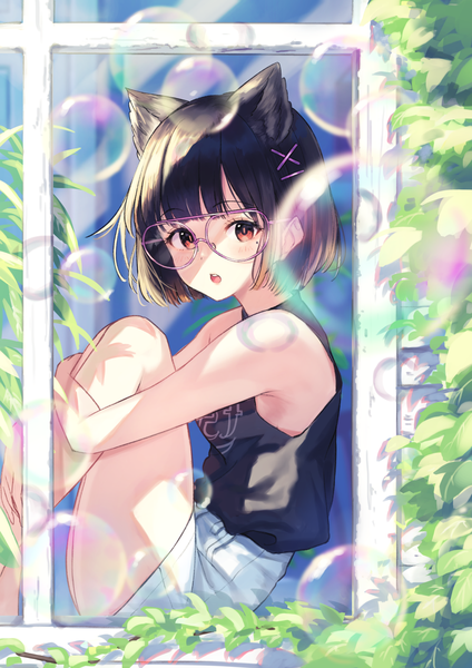 Anime picture 992x1403 with original tsukiman single tall image looking at viewer blush fringe short hair open mouth black hair red eyes sitting bare shoulders animal ears payot bent knee (knees) blunt bangs sunlight blurry cat ears