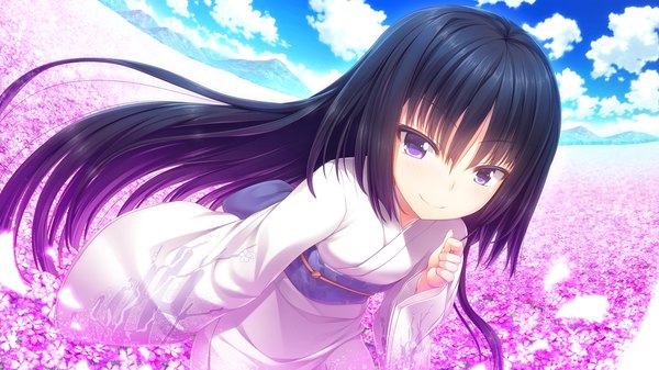 Anime picture 1280x720 with gleam garden no shoujo izumi sakurako char long hair looking at viewer black hair smile wide image purple eyes game cg sky cloud (clouds) traditional clothes japanese clothes girl flower (flowers) petals kimono obi